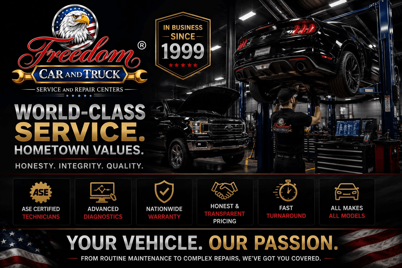 Truck service bay with technicians and lifts