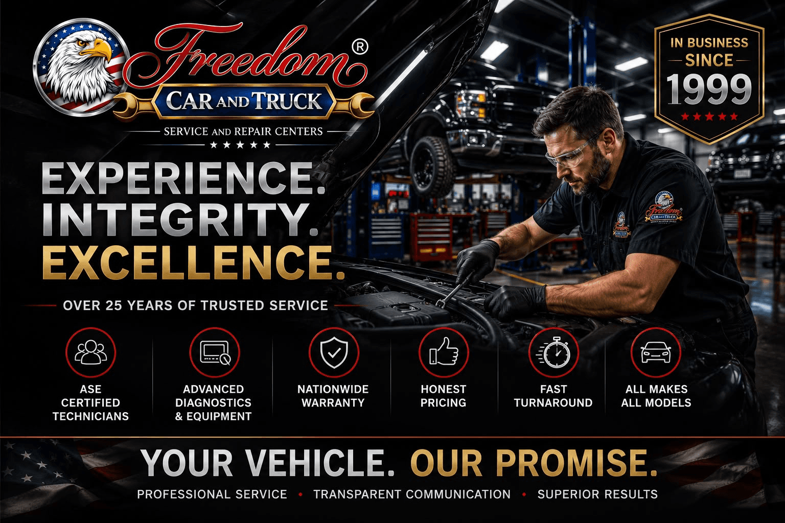 Technician working in a dark Freedom Car & Truck service bay